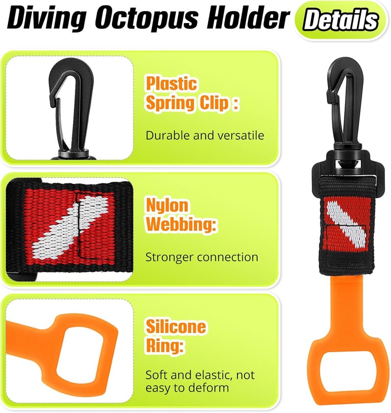 Dawitrly 2 Pack Scuba Diving Regulator Octopus Holder, Octopus Mouthpiece Retainer with Spring Clip, Dive Flag Webbing and Silicone Ring, 2nd Stage Regulator Keeper for Divers and Snorkelers - Image 3